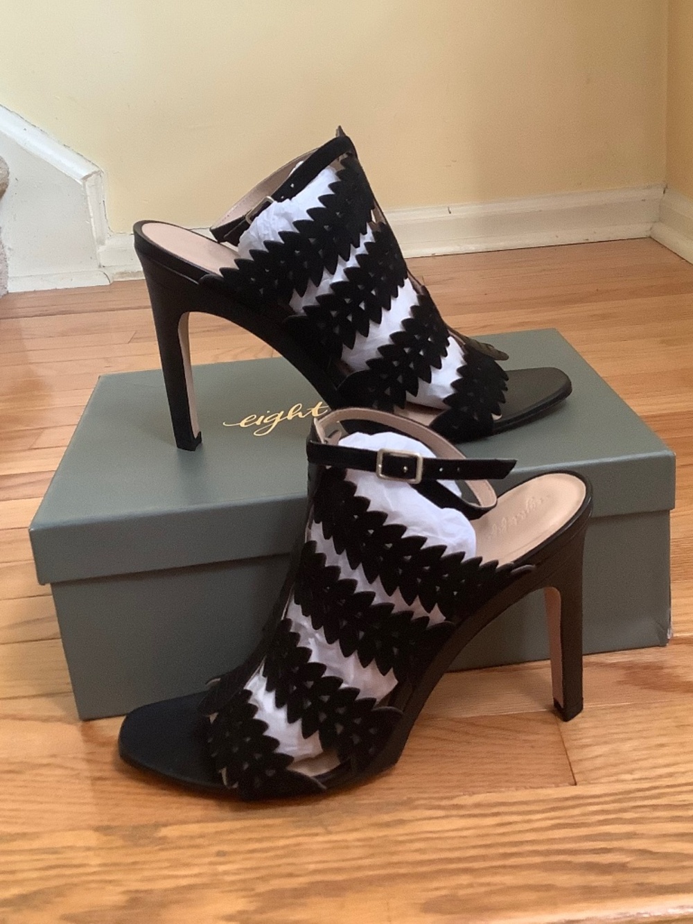 Eight Fifteen Bonfire Laser-cut Ankle Strap Leather Heeled Sandal Black SZ 10